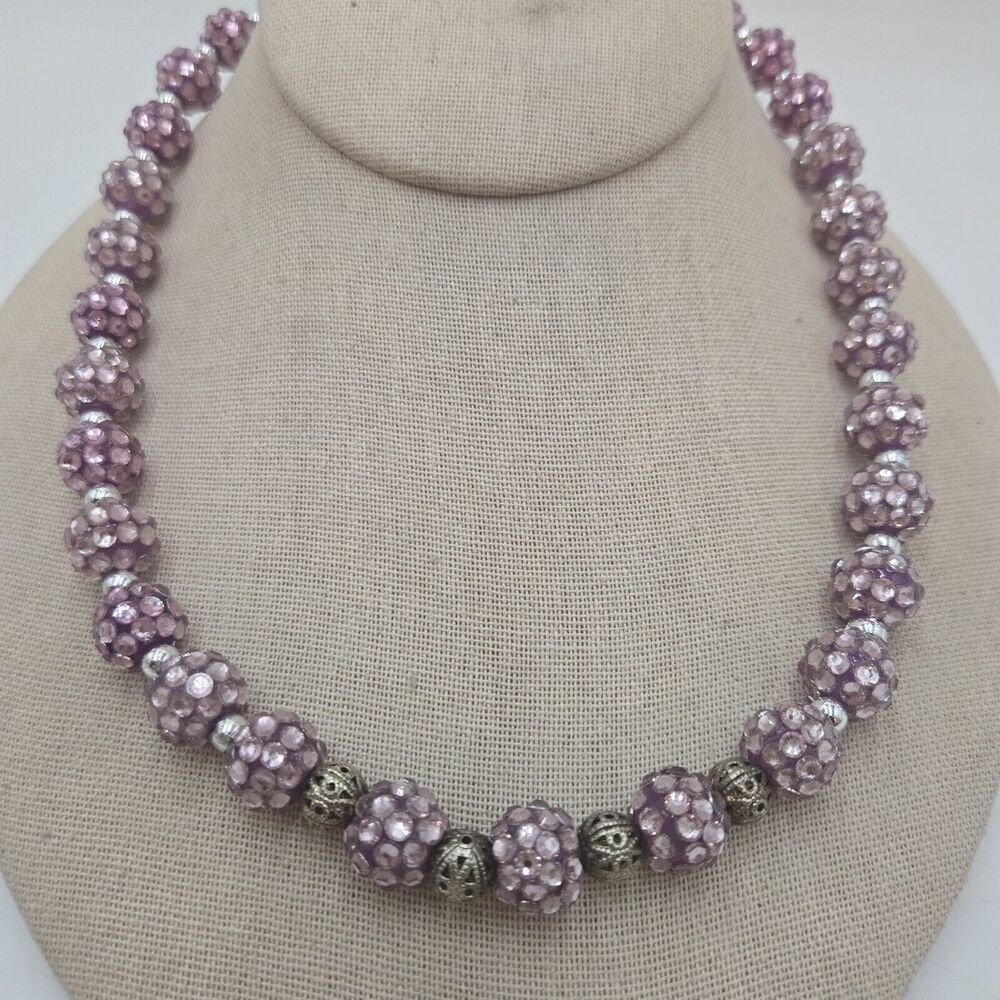 Vintage Purple Beaded Rhinestone Necklace Magnetic Clasp 18" Sparkle Disco Ball
